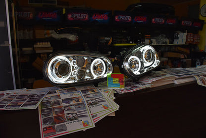 VW GOLF 4 1997-2003 FARI ANTERIORI CROMATI CON ANGEL EYES BIANCHI