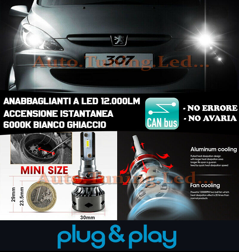 LAMPADE ANABBAGLIANTI LED PEUGEOT 307 ISTANTANEO NO AVARIA 12.000LM