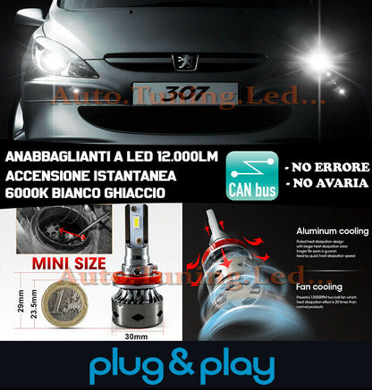 LAMPADE ANABBAGLIANTI LED PEUGEOT 307 ISTANTANEO NO AVARIA 12.000LM