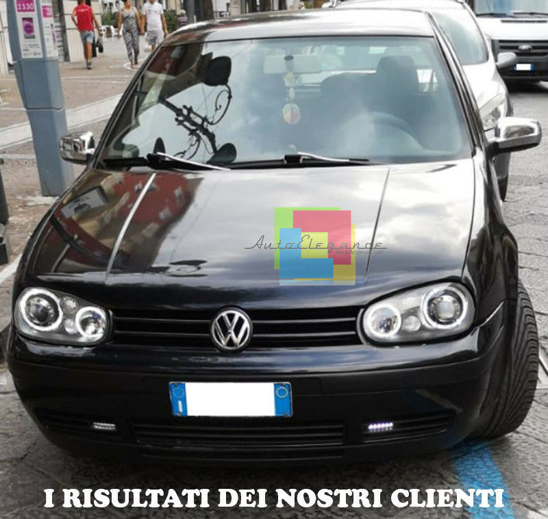 VW GOLF 4 1997-2003 FARI ANTERIORI CROMATI CON ANGEL EYES BIANCHI