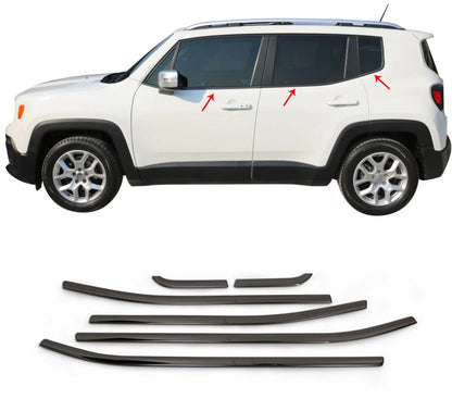 MODANATURE ADESIVE JEEP RENEGADE 2015+ CORNICE FINESTRINI ACCIAIO NERO 6 PEZZI