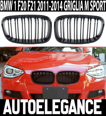 BMW SERIE 1 F20 2011-2014 GRIGLIE ANTERIORI NERE LOOK M DOPPIA STRISCIA CALANDRA AUTOELEGANCERICAMBI