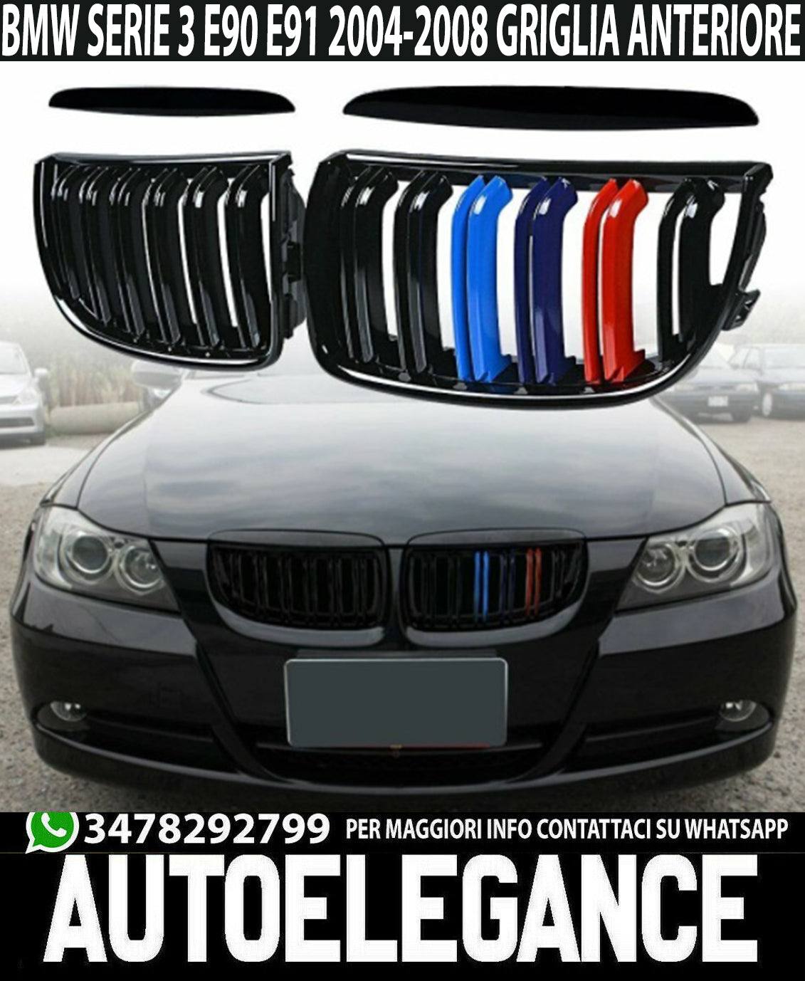 BLACK M3 DOUBLE BLADE FRONT GRILLE BMW 3 SERIES E90 E91 2005-2008