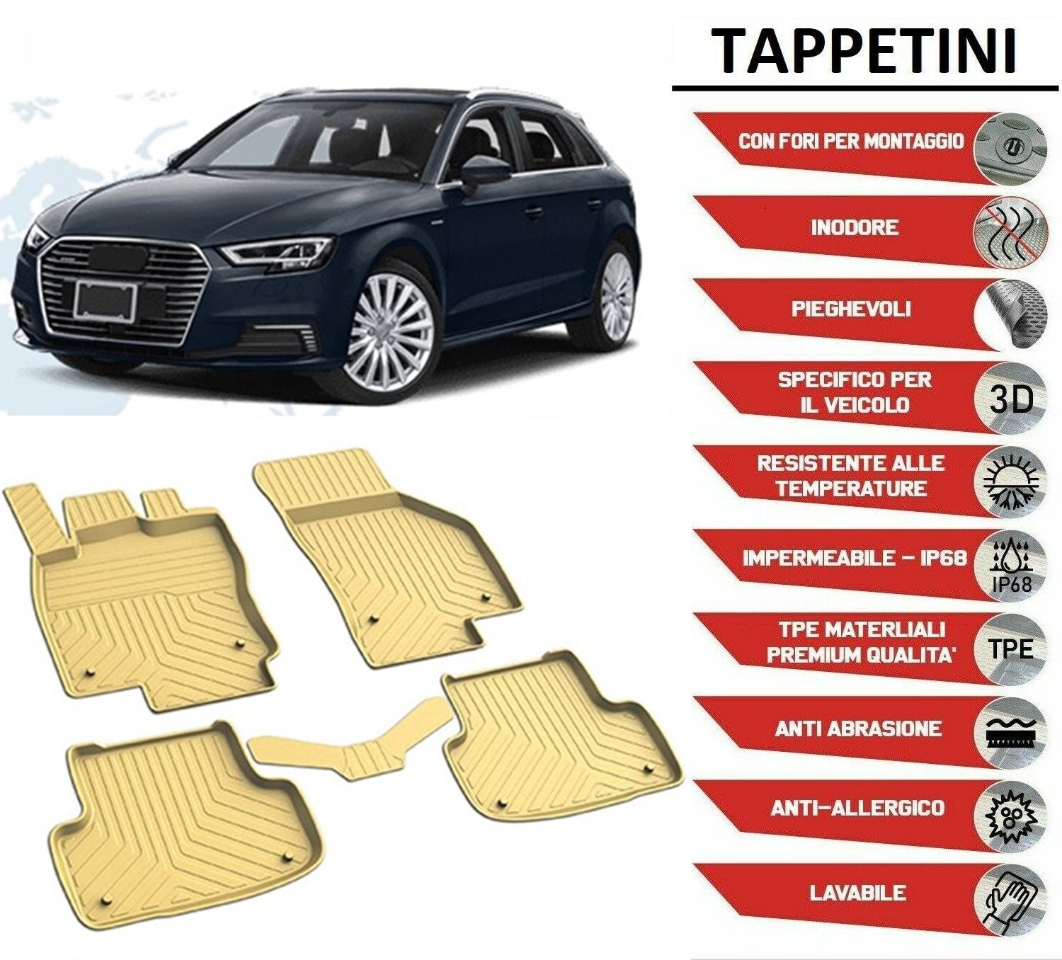 AUDI A3 8V SPORTBACK 2012+ TAPPETINI AUTO IN GOMMA BEIGE TAPPETI TOP QUALITA AUTOELEGANCERICAMBI
