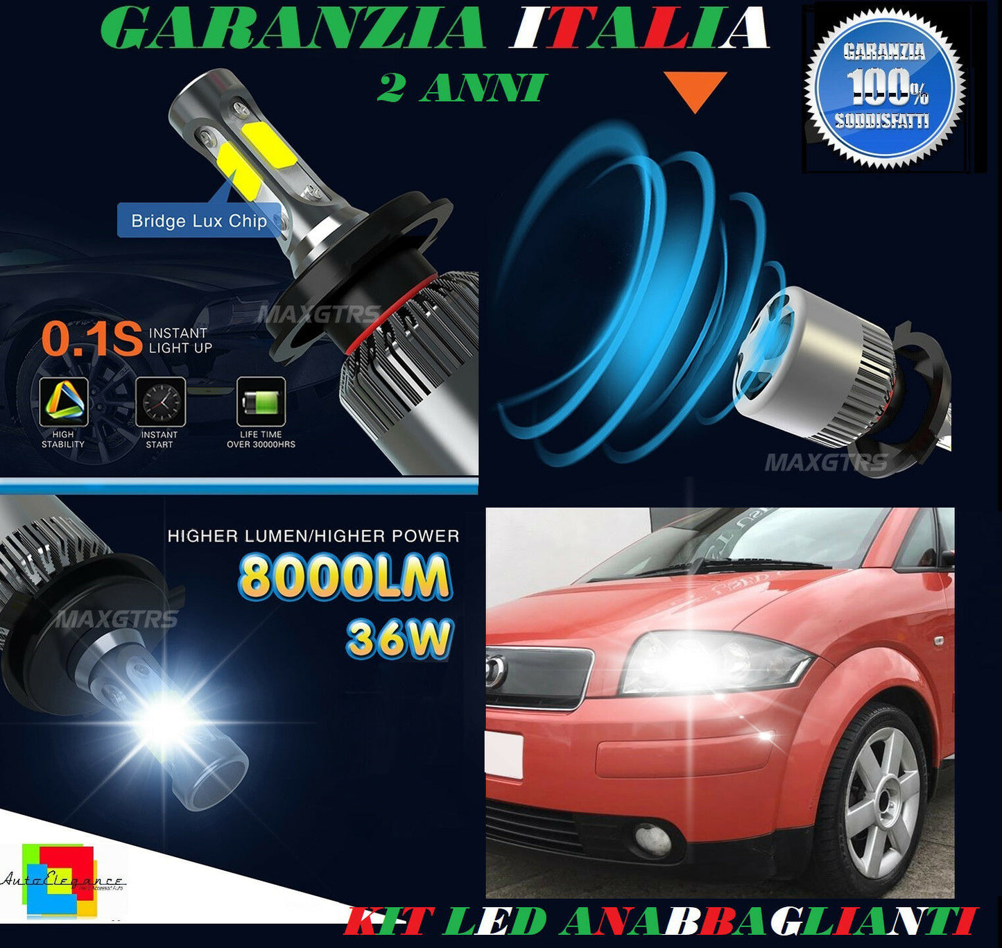 LAMPADE ANABBAGLIANTI 36W LED AUDI A2 2000-2005 LAMPEGGIO ISTANTANEO 6000K