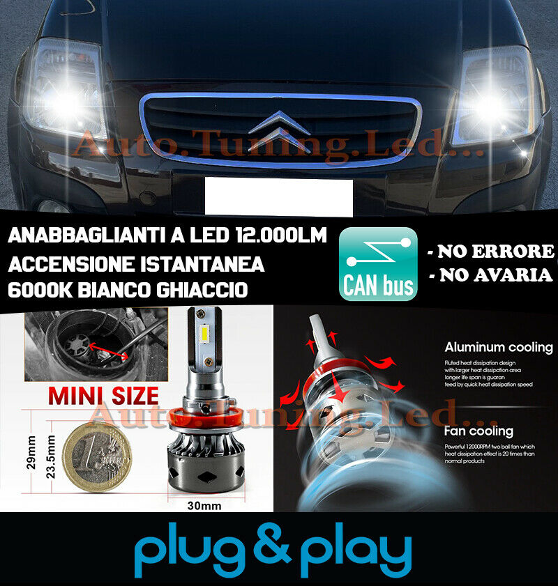 LAMPADE ANABBAGLIANTI ABBAGLIANTI LED CITROEN C2 ISTANTANEO NO AVARIA 12.000LM