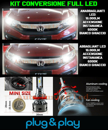 LAMPADE ANABBAGLIANTI + ABBAGLIANTI LED 16.000LM PER HONDA CIVIC X 10 NO AVARIA