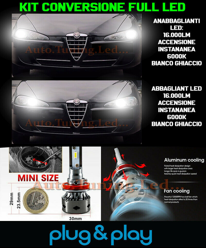 LAMPADE ANABBAGLIANTI + ABBAGLIANTI LED 16.000LM PER ALFA ROMEO 147 MK2