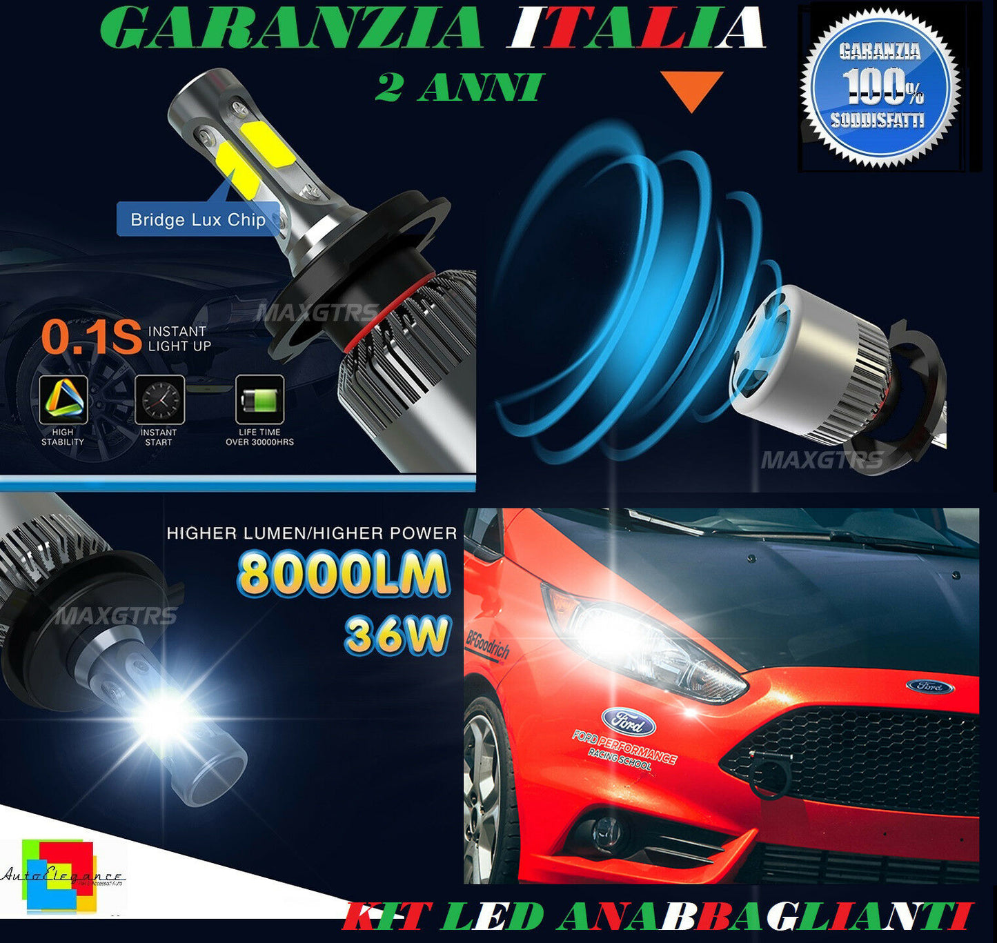 LAMPADE ANABBAGLIANTI 36W LED FORD FIESTA MK7 2008 IN POI ISTANTANEO 6000K