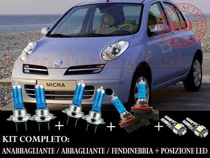 NISSAN MICRA 2003-2010 SET COMPLETO LAMPADE BLU XENON + POSIZIONE A LED
