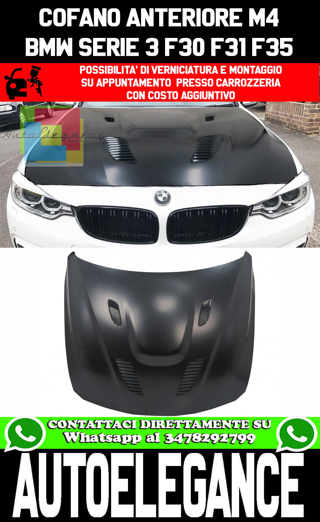 BMW SERIE 3 F30 F31 F35 COFANO ANTERIORE CON PRESE D'ARIA LOOK M3 AUTOELEGANCERICAMBI