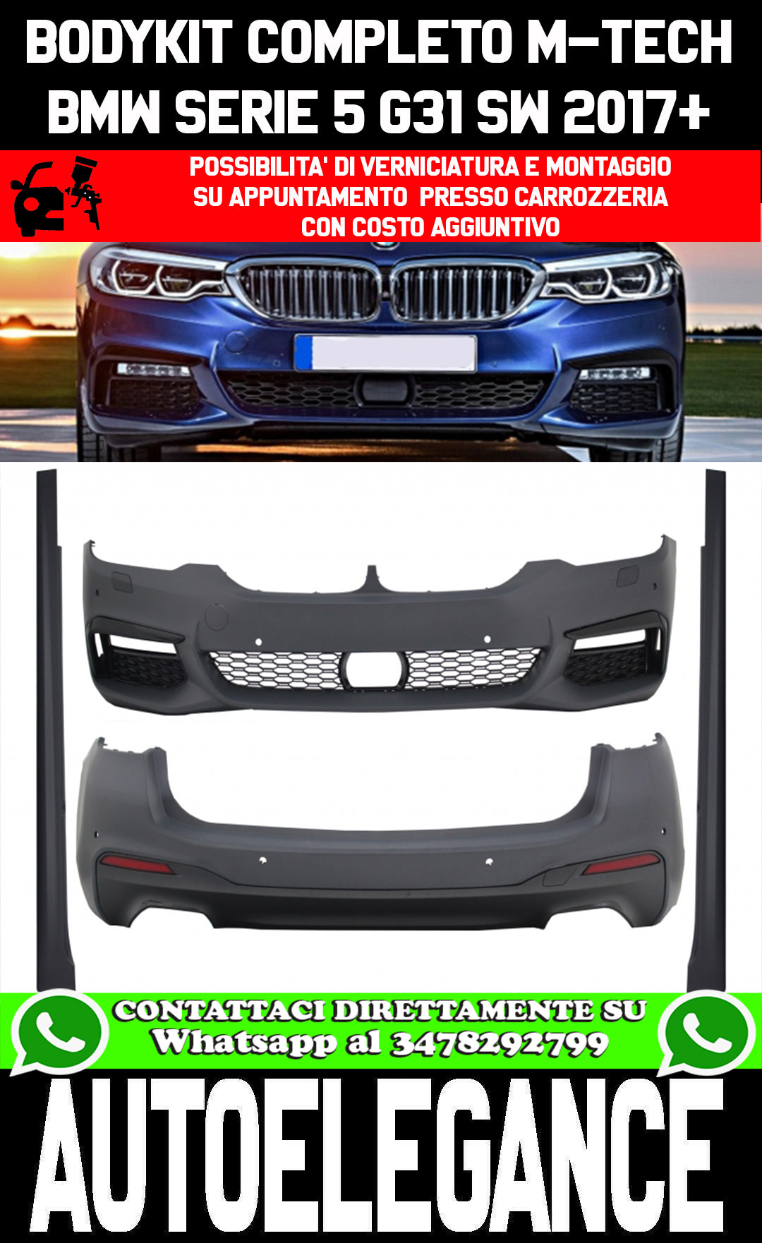 BMW SERIE 5 G31 SW 2017+ BODYKIT COMPLETO PARAURTI MINIGONNE LOOK M-TECH AUTOELEGANCERICAMBI