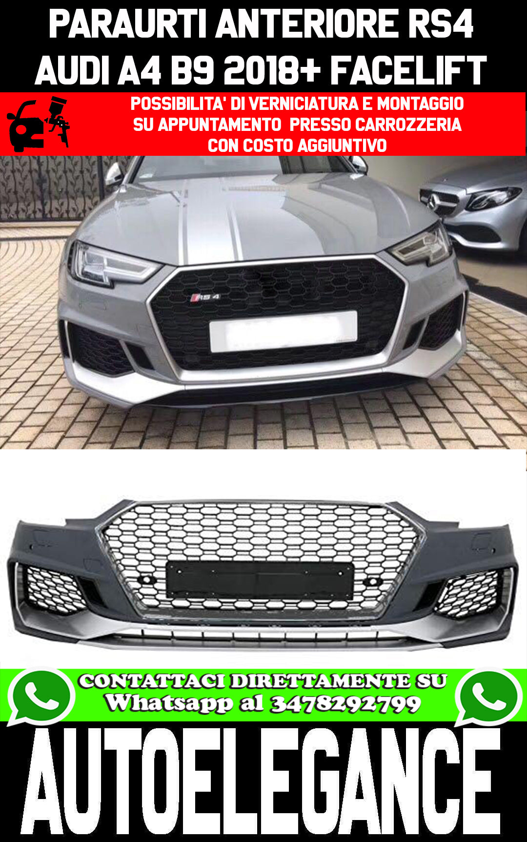 AUDI A4 B9 2018+ FACELIFT PARAURTI ANTERIORE LOOK RS4 ABS CON GRIGLIA AUTOELEGANCERICAMBI