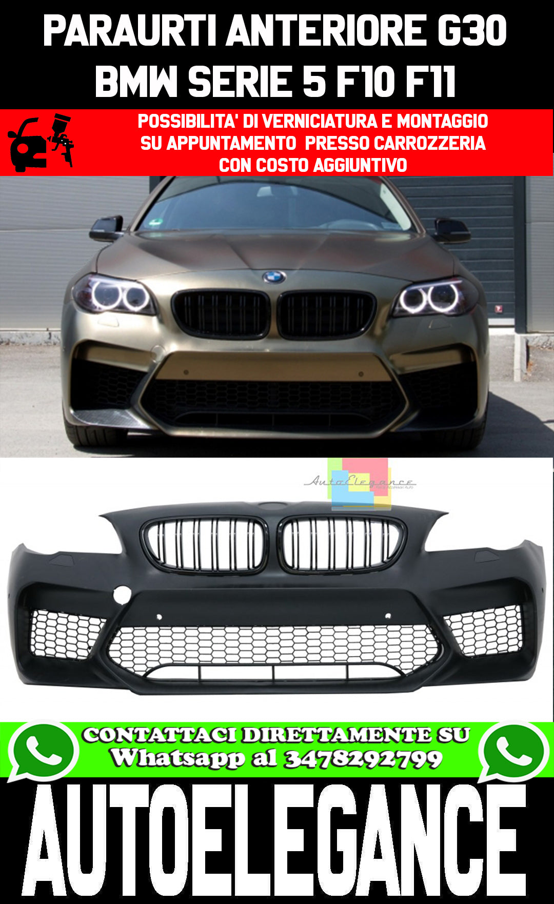 BMW SERIE 5 F10 F11 2011-2017 PARAURTI ANTERIORE COMPLETO DI GRIGLIE DESIGN G30 M5 AUTOELEGANCERICAMBI