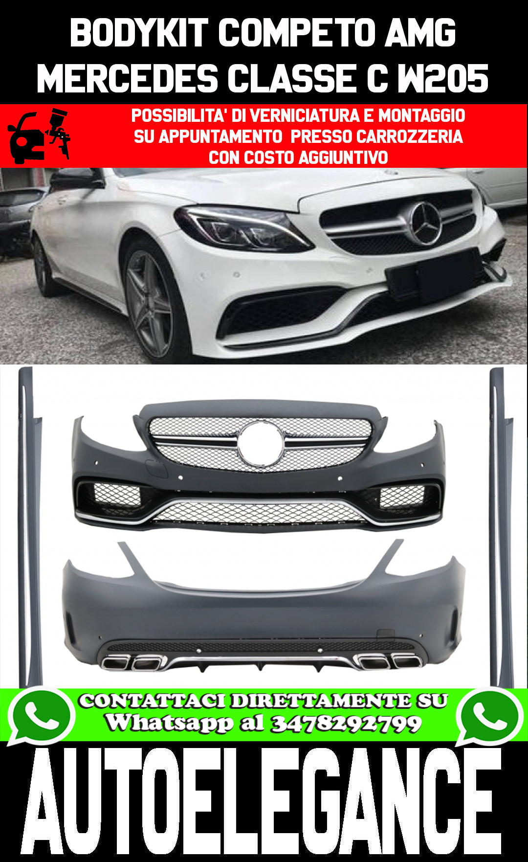 MERCEDES CLASSE C W205 2014+ BODYKIT COMPLETO PARAURTI TERMINALI MINIGONNE LOOK AMG