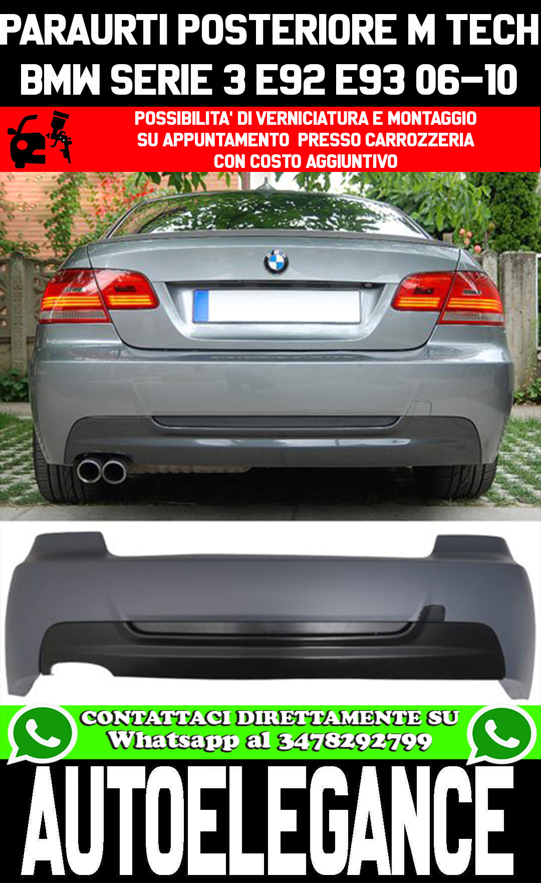 BMW SERIE 3 E92 E93 2006-2010 PARAURTI POSTERIORE COMPLETO LOOK M AUTOELEGANCERICAMBI