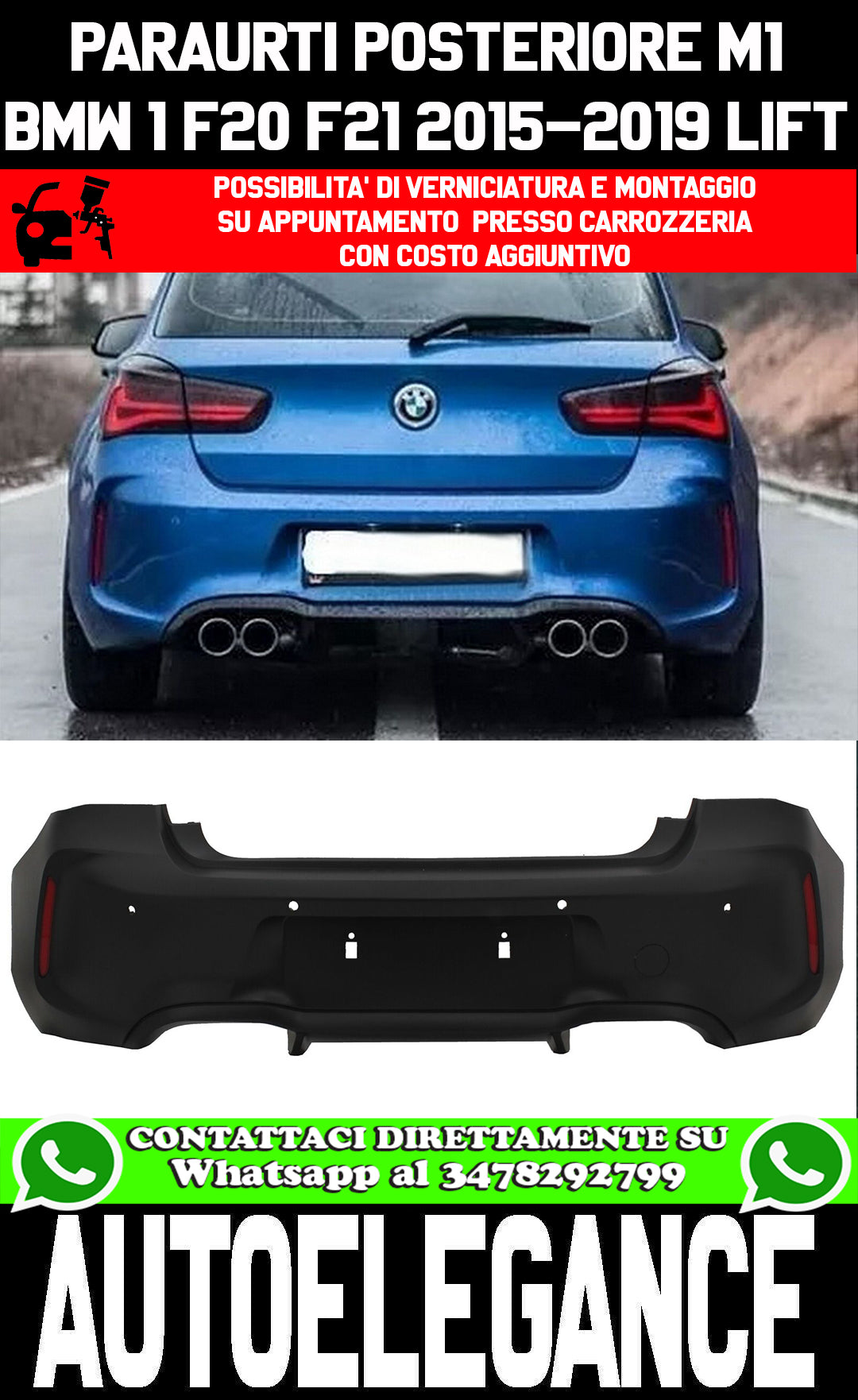 BMW SERIE 1 F20 F21 2015-2019 LIFT PARAURTI POSTERIORE ABS LOOK M1 AUTOELEGANCERICAMBI