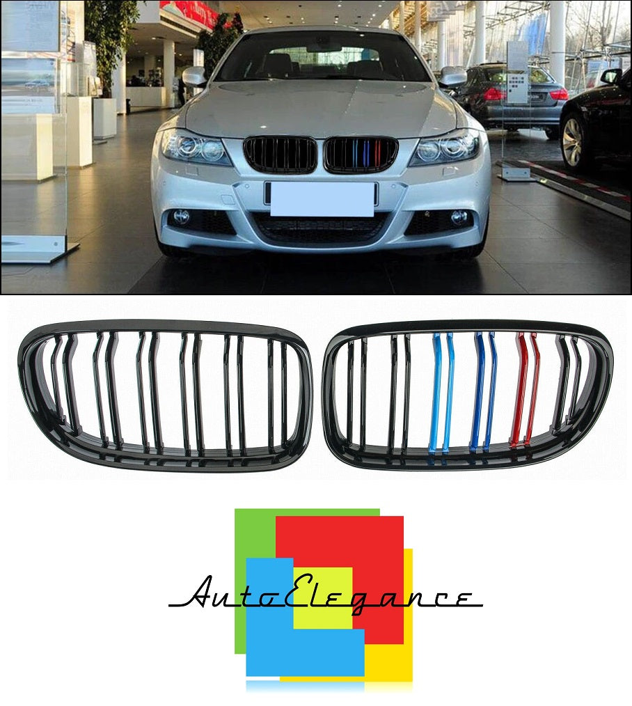MUSTACHE GRILLE 3 SERIES E90 E91 2008 - 2012 M LOOK 3 COLORS DOUBLE KIDNEY GLOSSY BLACK NEWS