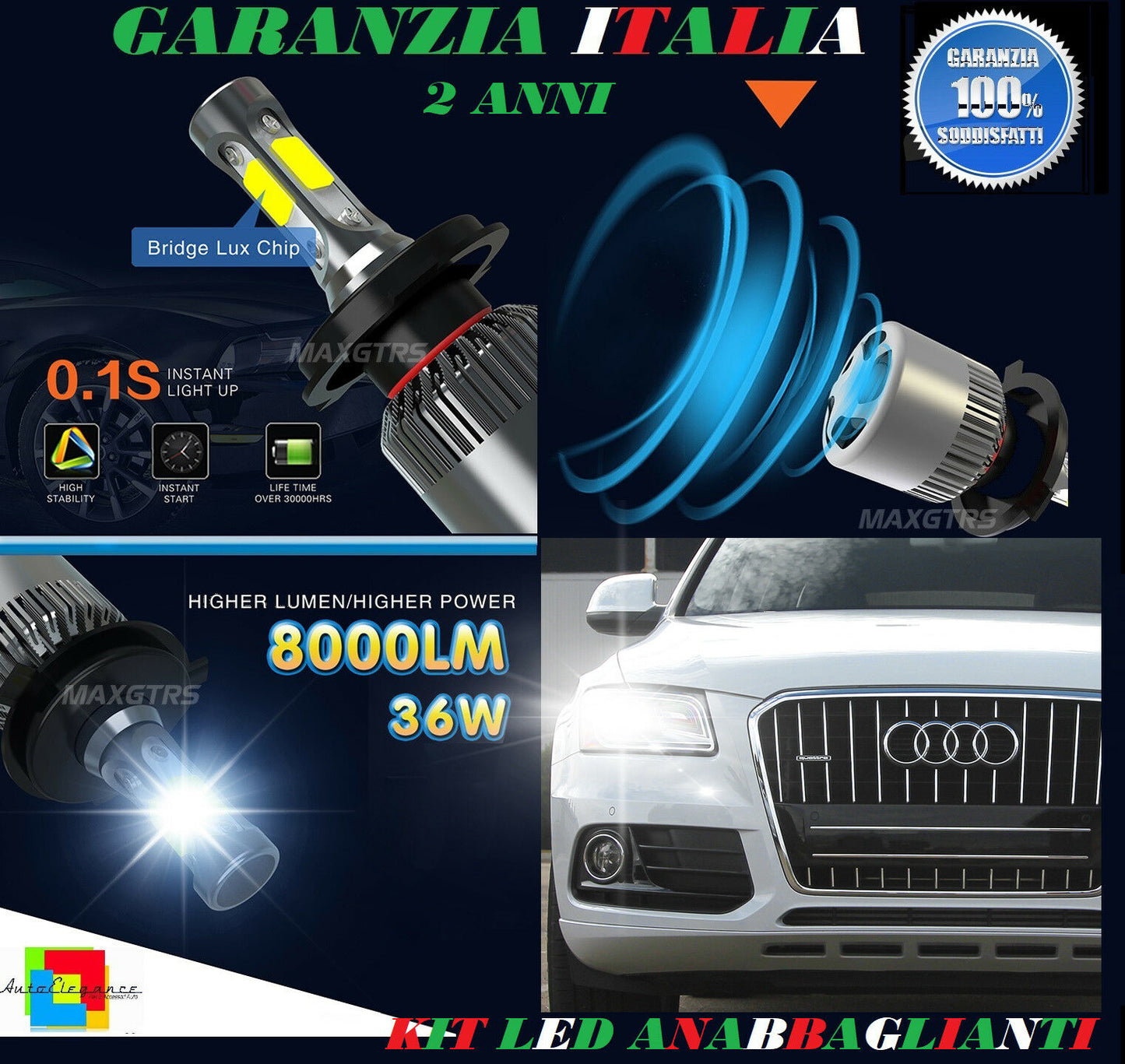 LAMPADE ANABBAGLIANTI 36W LED AUDI Q5 8R 2008 IN POI LAMPEGGIO ISTANTANEO 6000K
