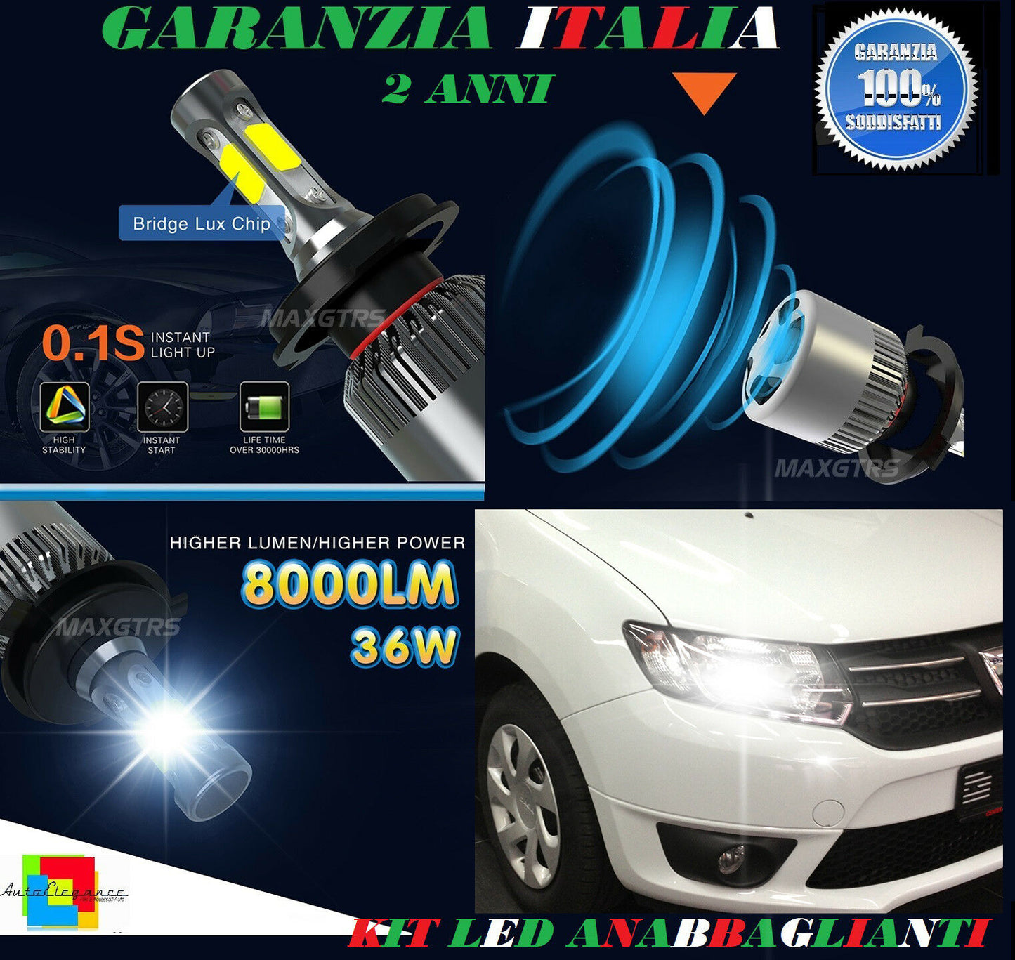 LAMPADE H4 ANABBAGLIANTI ABBAGLIANTI 36W 8000LM LED DACIA SANDERO 2012+ 6000K
