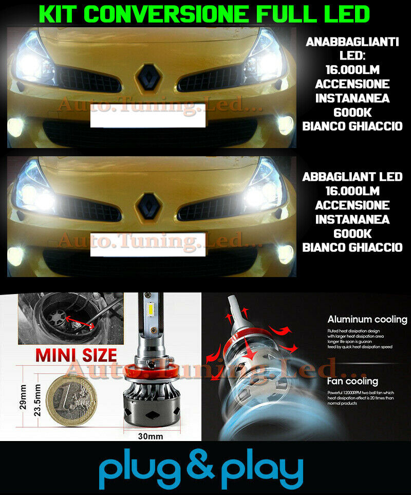 LAMPADE ANABBAGLIANTI + ABBAGLIANTI LED 16.000LM PER RENAULT CLIO III LENTICOLAR
