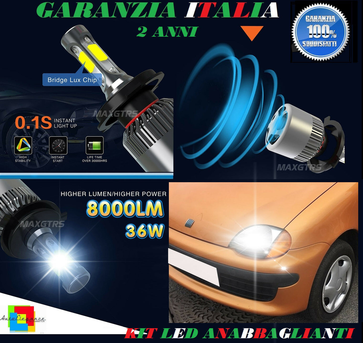 LAMPADE ANABBAGLIANTI ABBAGLIANTI 36W 8000LM LED FIAT SEICENTO 600 98-10 6000K