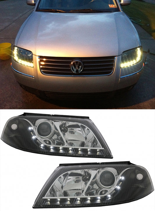 VW PASSAT 3BG 2000-2005 FARI ANTERIORI NERI POSIZIONI LED BIANCHE LENTICOLARI