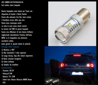 COPPIA LAMPADA RETROMARCIA LED P21W BA15S CANBUS 6000K NO ERROR RANGE ROVER 02+ AUTOELEGANCERICAMBI