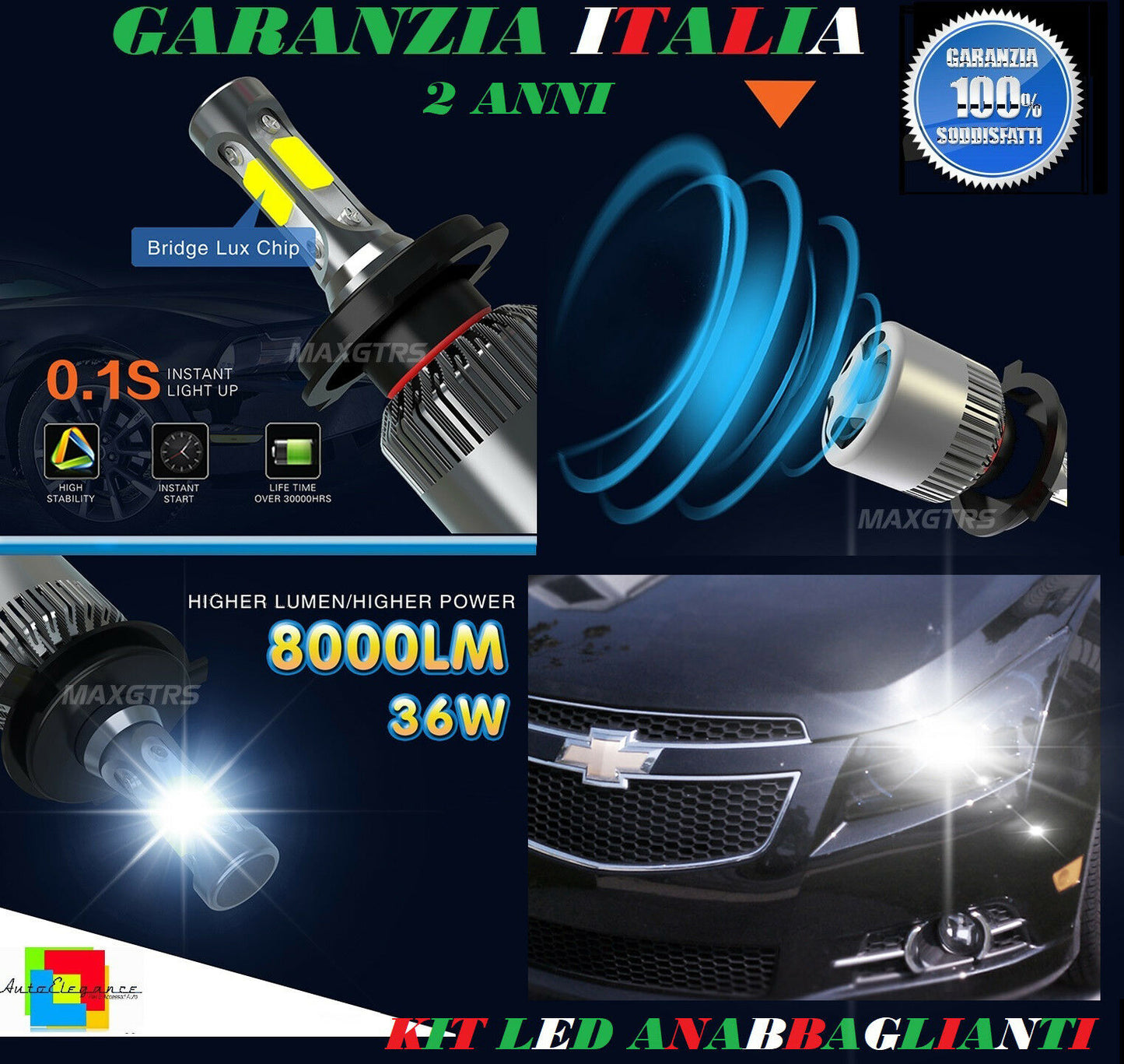 LAMPADE ANABBAGLIANTI ABBAGLIANTI 36W 8000LM LED CHEVROLET CRUZE 2009+ 6000K