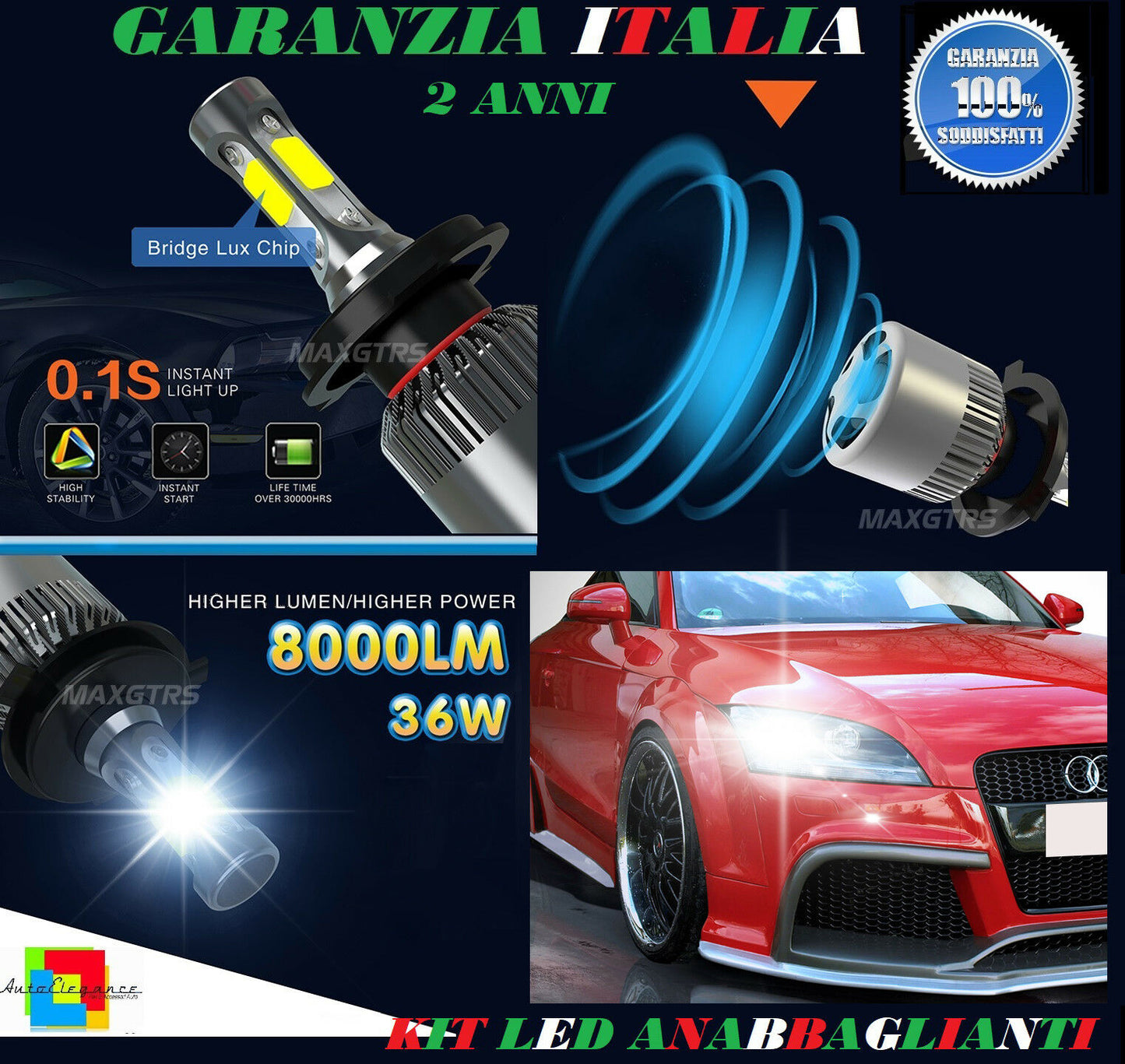 LAMPADE ANABBAGLIANTI 36W LED AUDI TT 8J 2006-2014 LAMPEGGIO ISTANTANEO 6000K