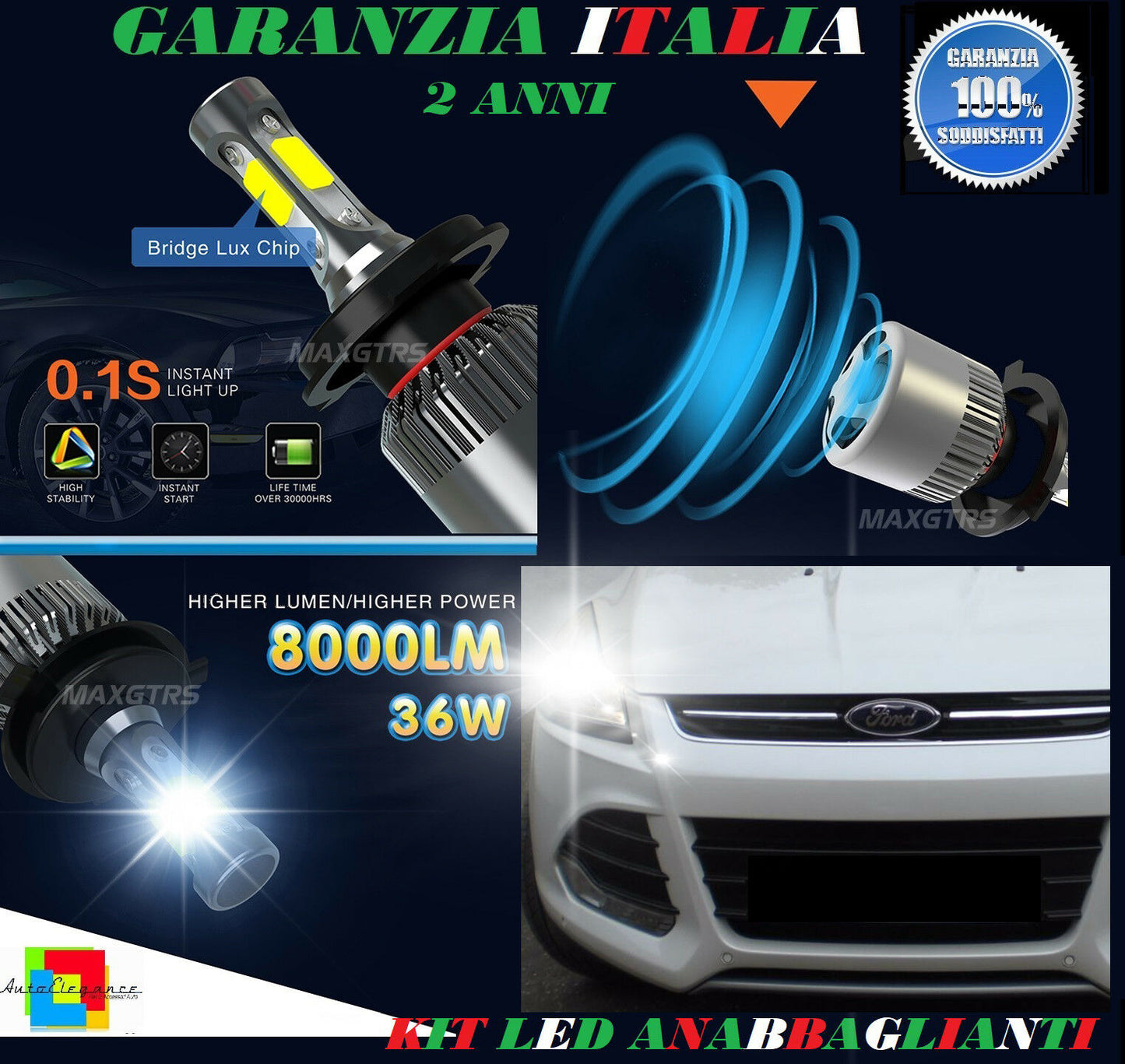 LAMPADE ANABBAGLIANTI 36W LED FORD KUGA II 2013 IN POI ISTANTANEO 6000K
