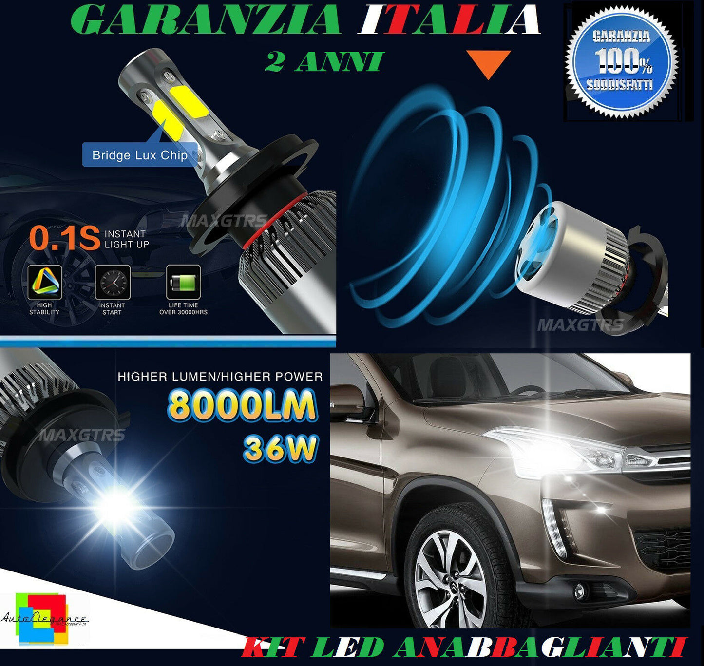 LAMPADE ANABBAGLIANTI 36W LED CITROEN C4 AIRCROSS 2010 IN POI ISTANTANEO 6000K