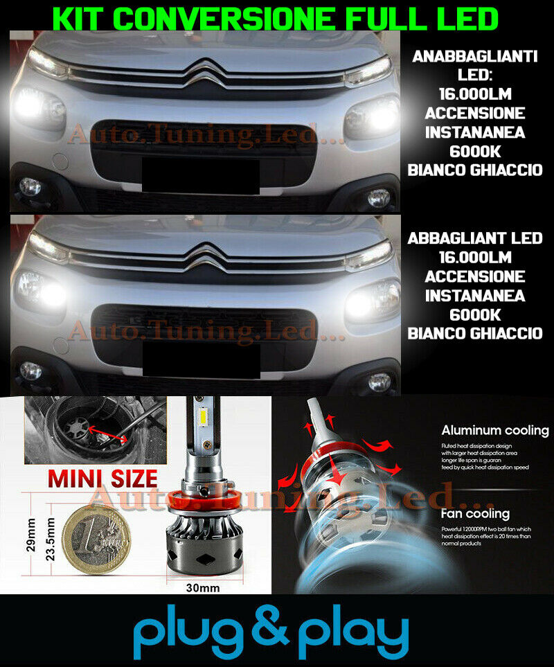 LAMPADE ANABBAGLIANTI + ABBAGLIANTI LED 16.000LM PER CITROEN C3 MK3 III