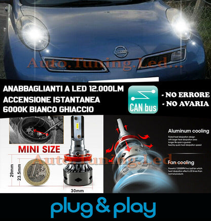 LAMPADE ANABBAGLIANTI LED NISSAN MICRA MKIII ISTANTANEO NO AVARIA 12.000LM