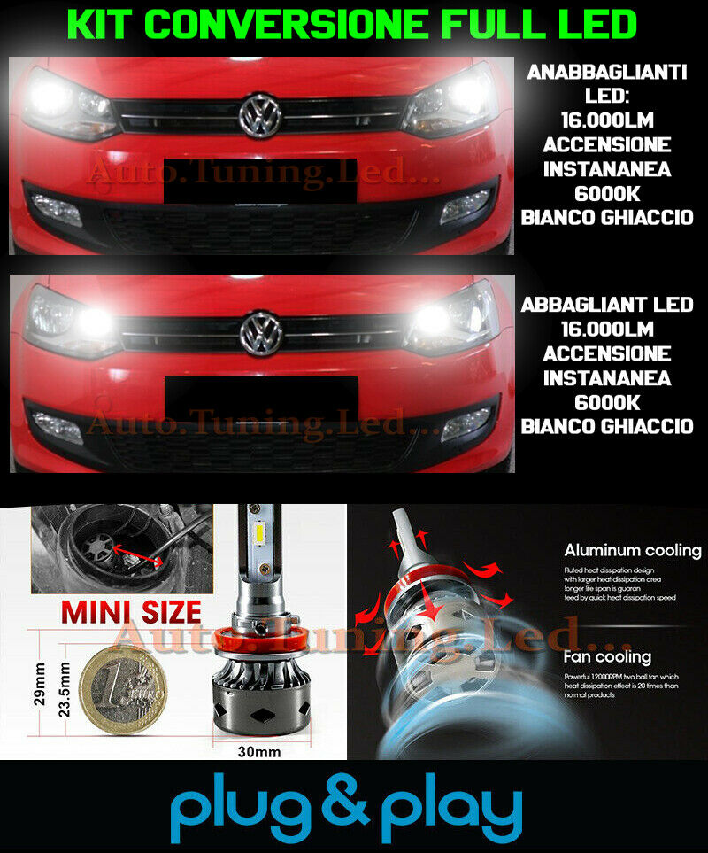 LAMPADE ANABBAGLIANTI + ABBAGLIANTI LED 16.000LM PER VW POLO 6R 2009-2014