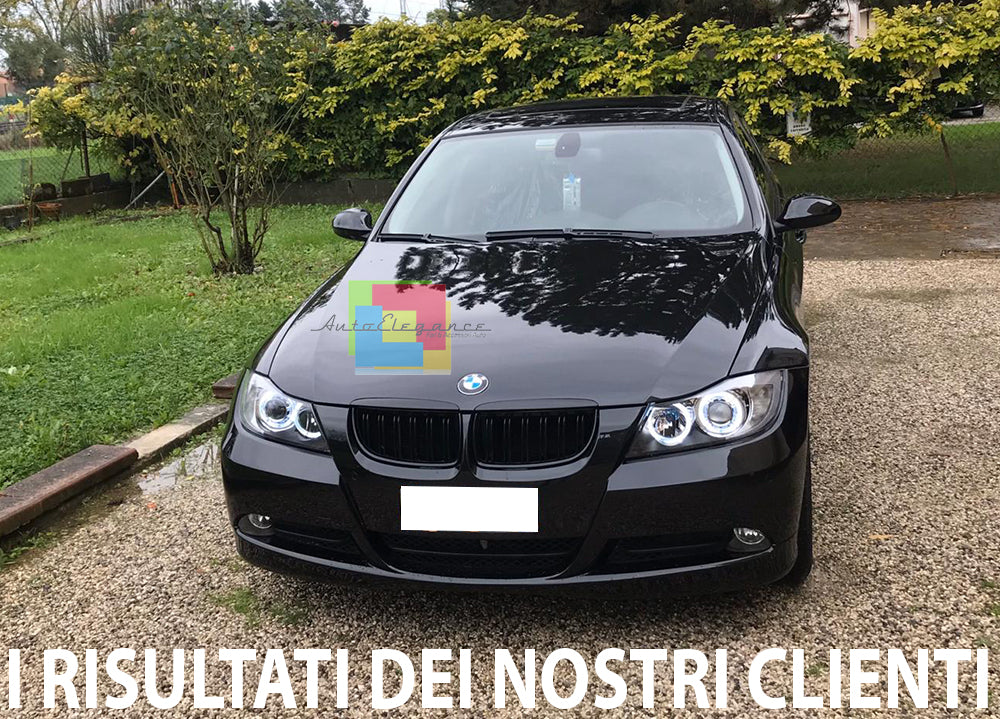 BMW SERIE 3 E90 E91 2005 - 2011 FARI NERI CON ANELLI ANGEL EYES LED BIANCHI AUTOELEGANCERICAMBI