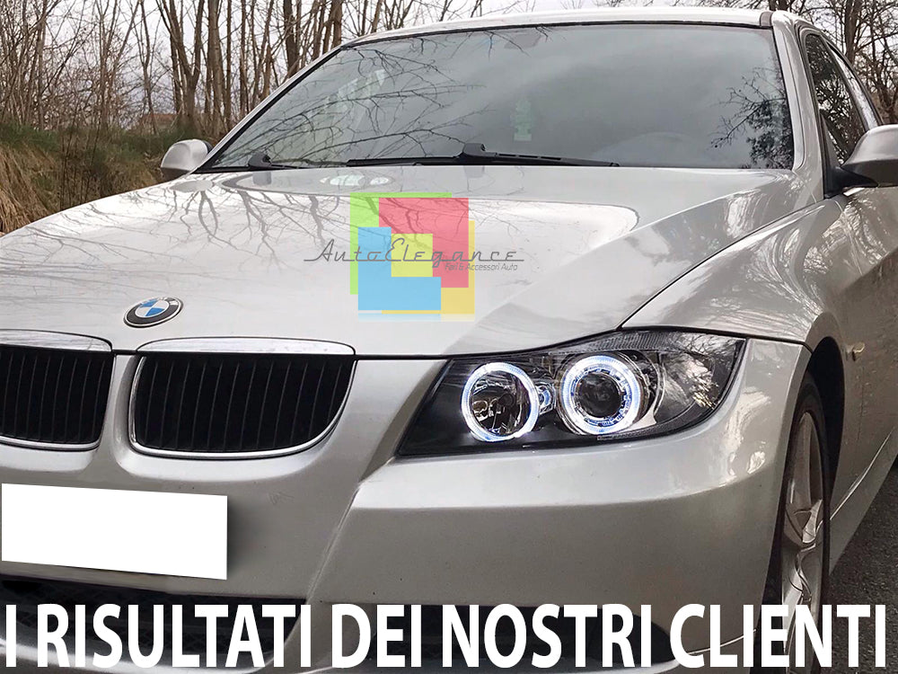 BMW SERIE 3 E90 E91 2005 - 2011 FARI NERI CON ANELLI ANGEL EYES LED BIANCHI AUTOELEGANCERICAMBI