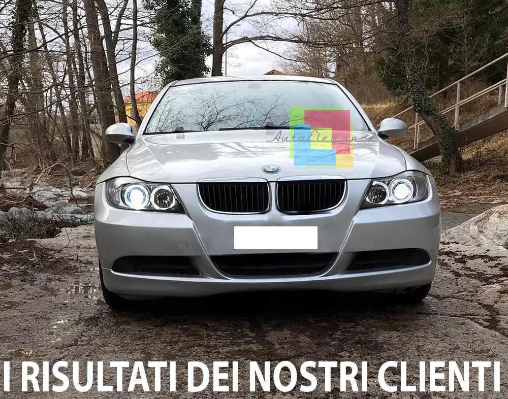BMW SERIE 3 E90 E91 2004-2011 FARI NERI CON ANELLI ANGEL EYES LED BIANCHI -. AUTOELEGANCERICAMBI