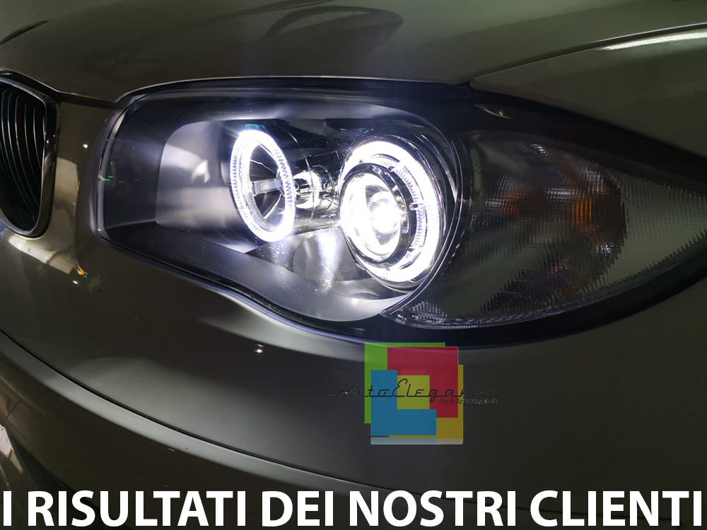 BMW SERIE 1 E81 E82 E87 E88 04-11 FARI NERI CON ANELLI ANGEL EYES LED BIANCHI AUTOELEGANCERICAMBI