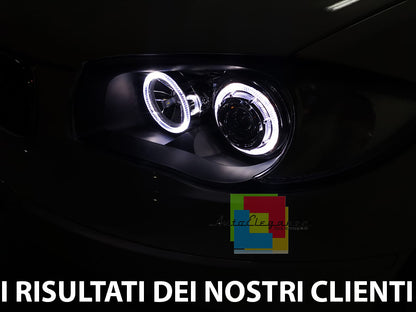 FARI NERI CON ANELLI ANGEL EYES BMW SERIE 1 E81 E82 E87 E88 04-11 LED BIANCHI