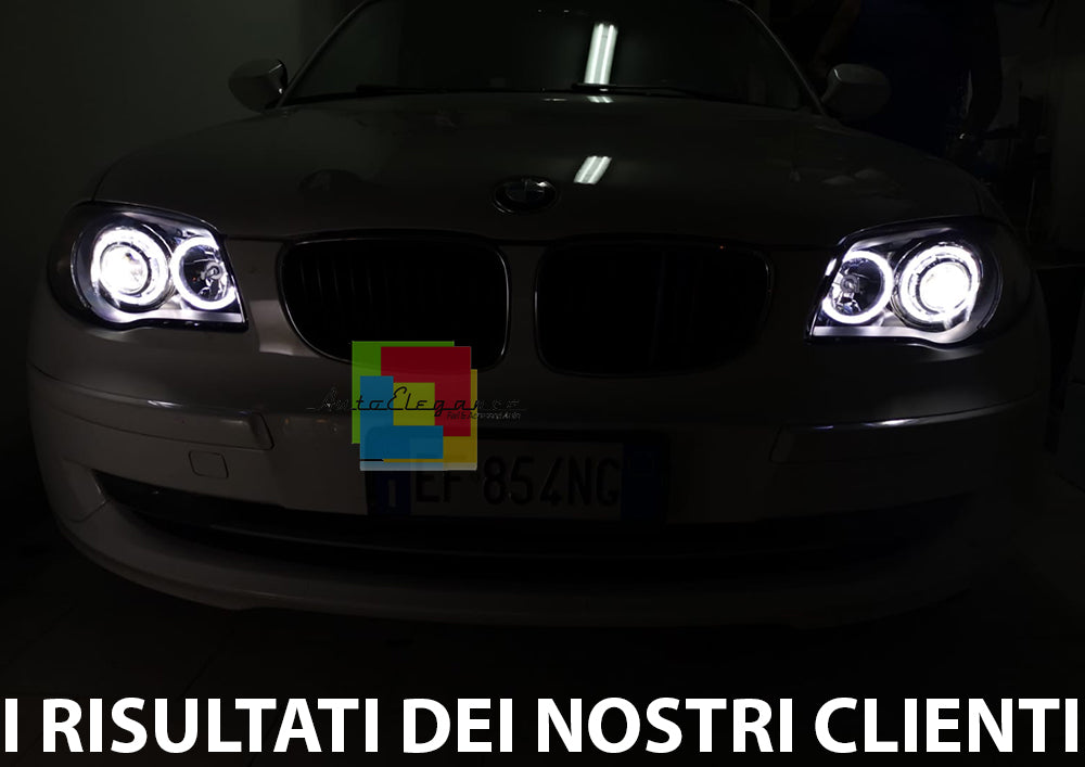 BMW SERIE 1 E81 E82 E87 E88 04-11 FARI NERI CON ANELLI ANGEL EYES LED BIANCHI AUTOELEGANCERICAMBI