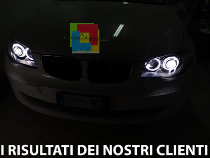 FARI NERI CON ANELLI ANGEL EYES BMW SERIE 1 E81 E82 E87 E88 04-11 LED BIANCHI