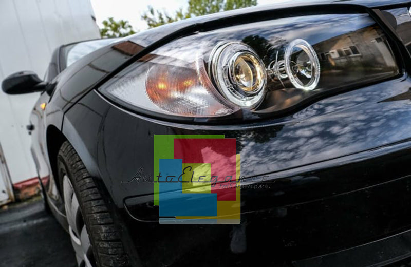 FARI NERI CON ANELLI ANGEL EYES BMW SERIE 1 E81 E82 E87 E88 04-11 LED BIANCHI -.