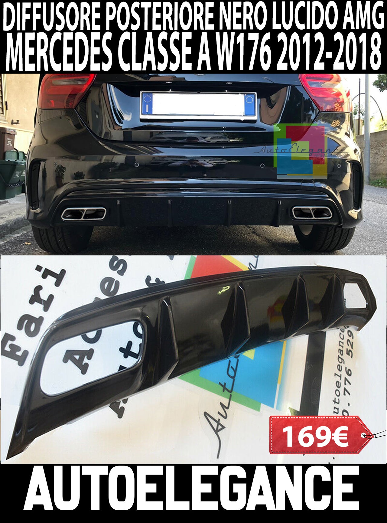 MERCEDES CLASSE A W176 2012-2018 DIFFUSORE POSTERIORE NERO LOOK AMG A45 ABS