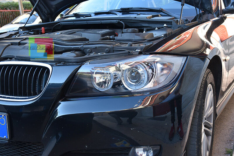 BMW SERIE 3 E90 E91 2004-2011 FARI NERI CON ANELLI ANGEL EYES LED BIANCHI -. AUTOELEGANCERICAMBI