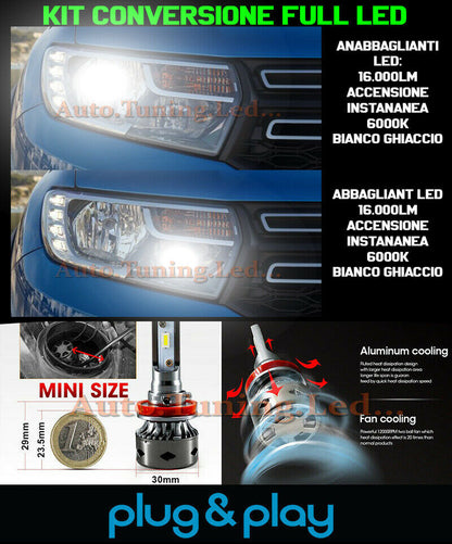 LAMPADE ANABBAGLIANTI + ABBAGLIANTI LED 16.000LM PER DACIA SANDERO MK2 II