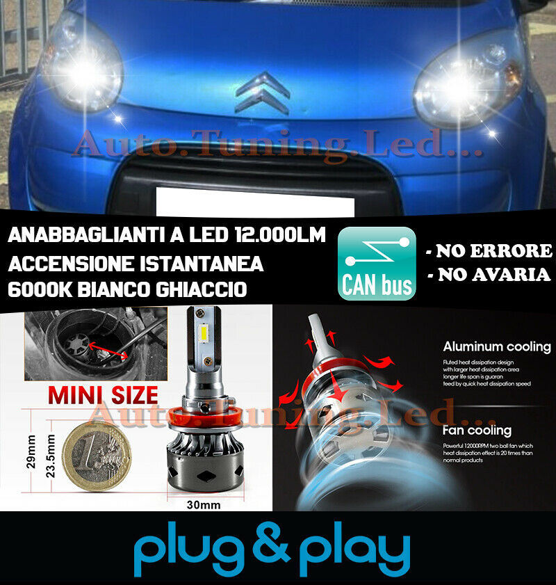LAMPADE ANABBAGLIANTI ABBAGLIANTI LED CITROEN C1 ISTANTANEO NO AVARIA 12.000LM
