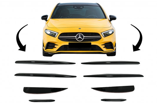 MERCEDES A-CLASS W177 2018+ FRONT BUMPER SPLITTER 3M AMG GLOSSY BLACK MOULDINGS