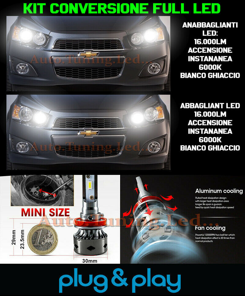 LAMPADE ANABBAGLIANTI + ABBAGLIANTI LED 16.000LM PER CHEVROLET AVEO T300