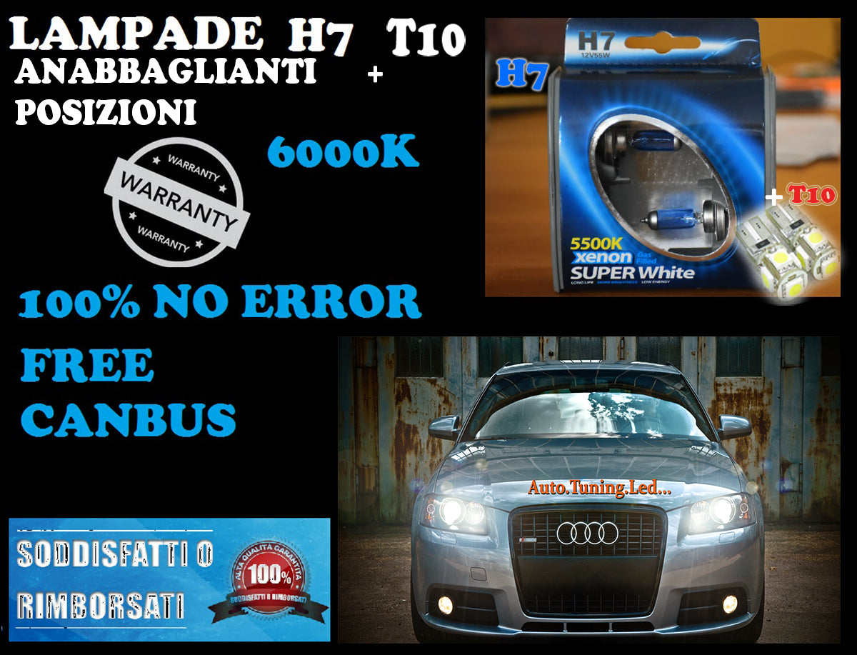 ALFA ROMEO 147 SET LAMPADE H7 BLU XENON ANABBAGLIANTE 55W + T10 POSIZIONE 5 LED AUTOELEGANCERICAMBI